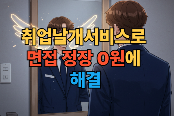 취업날개서비스를 통해 면접 정장을 입고 자신감을 얻은 청년의 모습 일러스트