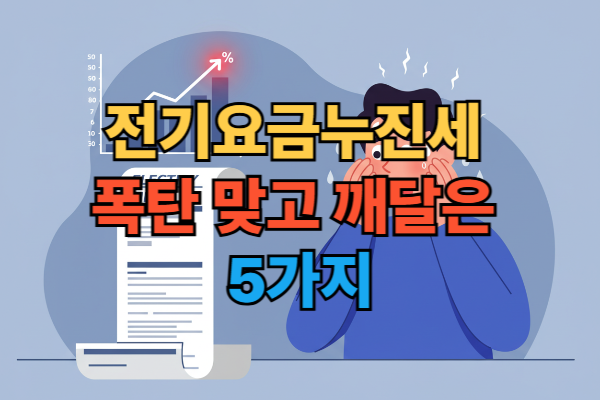 전기요금누진세 3단계 진입으로 전기요금 폭탄을 맞고 충격받은 사람과 누진세 그래프를 보여주는 이미지