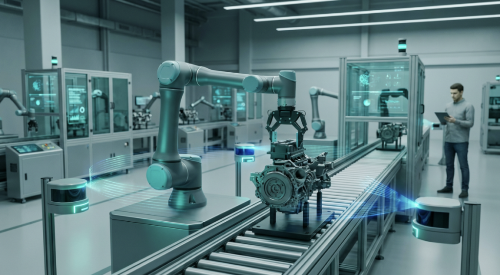 스마트 팩토리에서 부품을 조립하는 산업용 협동 로봇과 센서 시스템